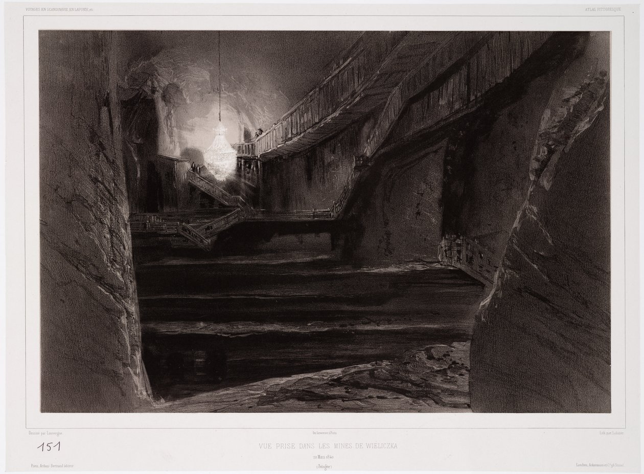 Vista tomada nas minas de Wieliczka, Polônia, 20 de março de 1840, gravado por Sabatier (lito tingido) de Barthelemy after Lauvergne
