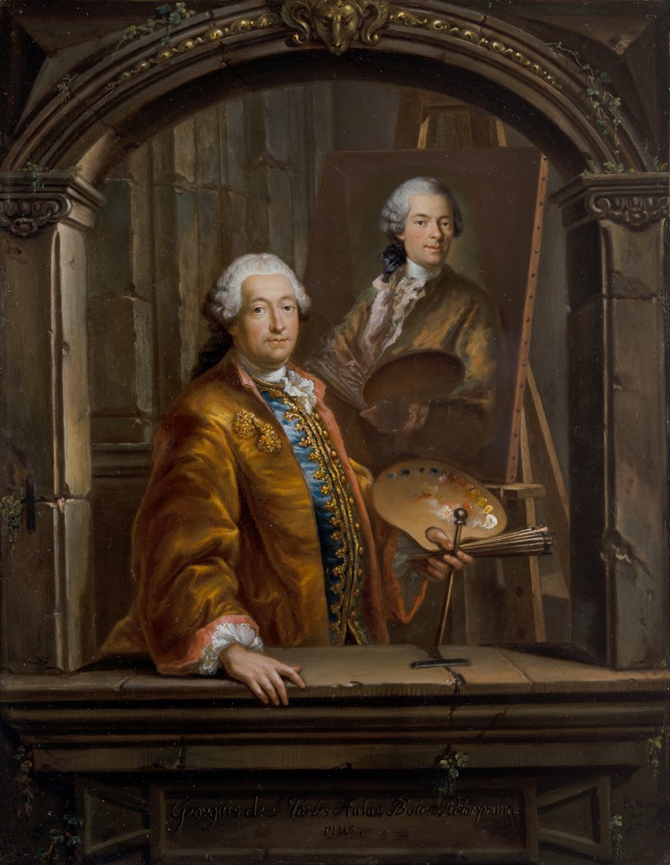 Retrato de Georges Desmarées no seu cavalete a pintar um retrato de Johann Christian Thomas Winck de Bartholomäus Ignaz Weiss