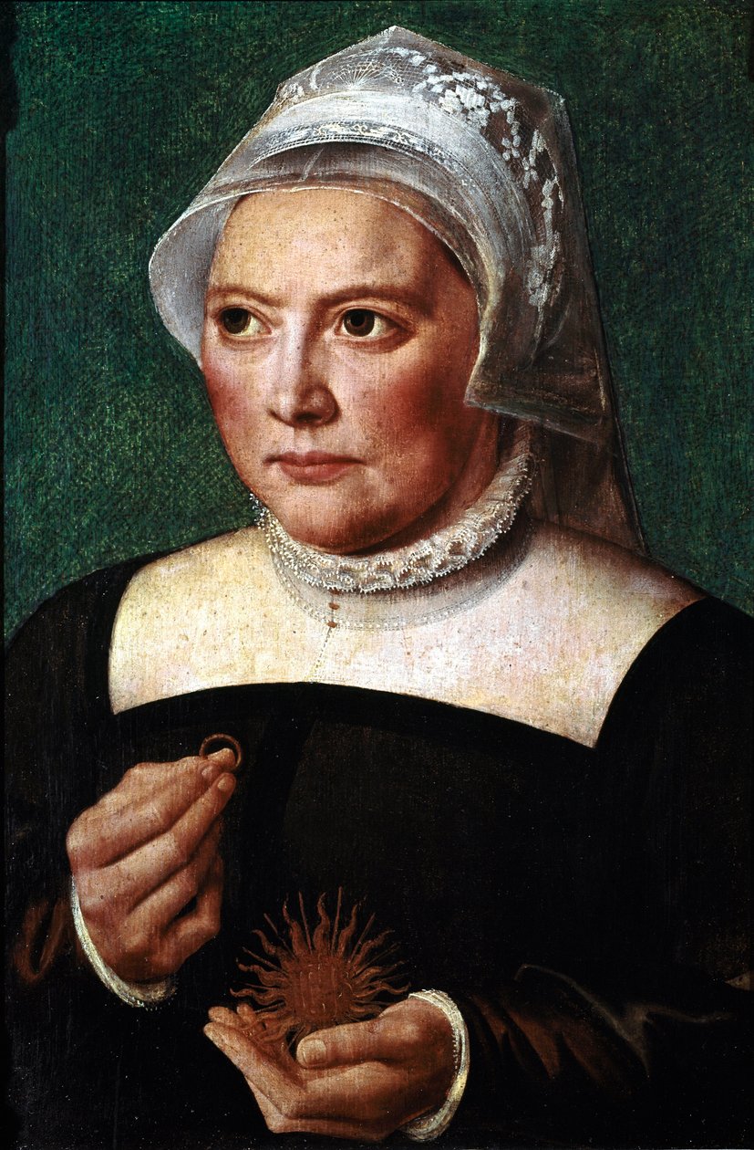 Retrato de Catherine de Bore (Katharina von Bora) (1499-1552), esposa de Martin Luther Ela segura uma aliança na mão e usa uma coleira de morango. Pintura de Bartolomeu (Barthel) Bruyn, o Ancião (1493-1555) Chantilly, Museu Conde de Bartholomaeus the Elder Bruyn