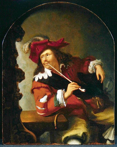 Um Jovem Sentado à Mesa Fumando um Cachimbo enquanto Olha para um Espelho (óleo no painel) de Bartholomaus Maton