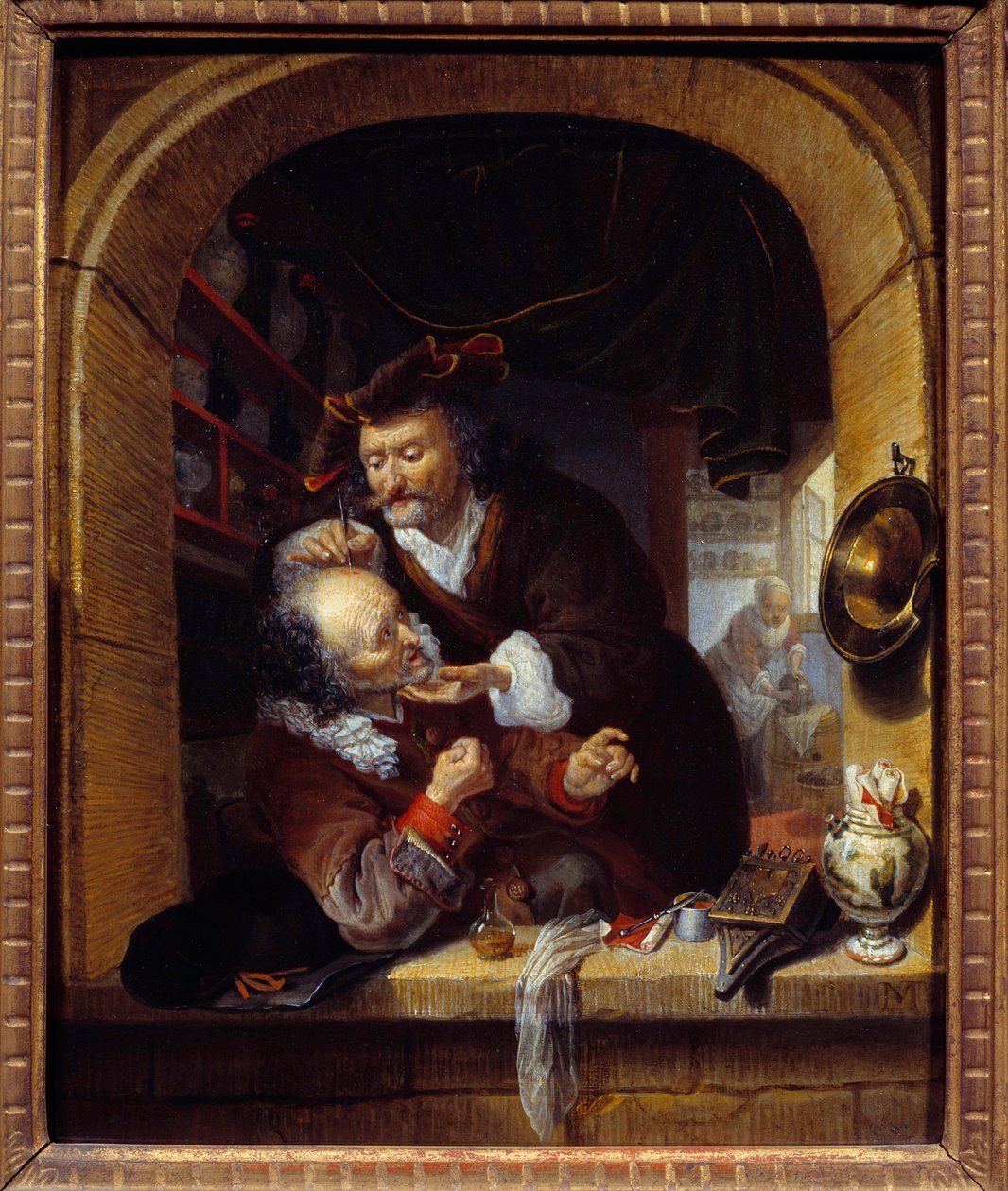 Medicamentos: "um médico faz uma pequena hemorragia para tratar as dores de cabeça do seu paciente" Pintura de Bartholomeus Maton (1643-1684) Sol do século XVII. 0,27x0,21 m Paris, Musee du Petite Palais de Bartholomaus Maton