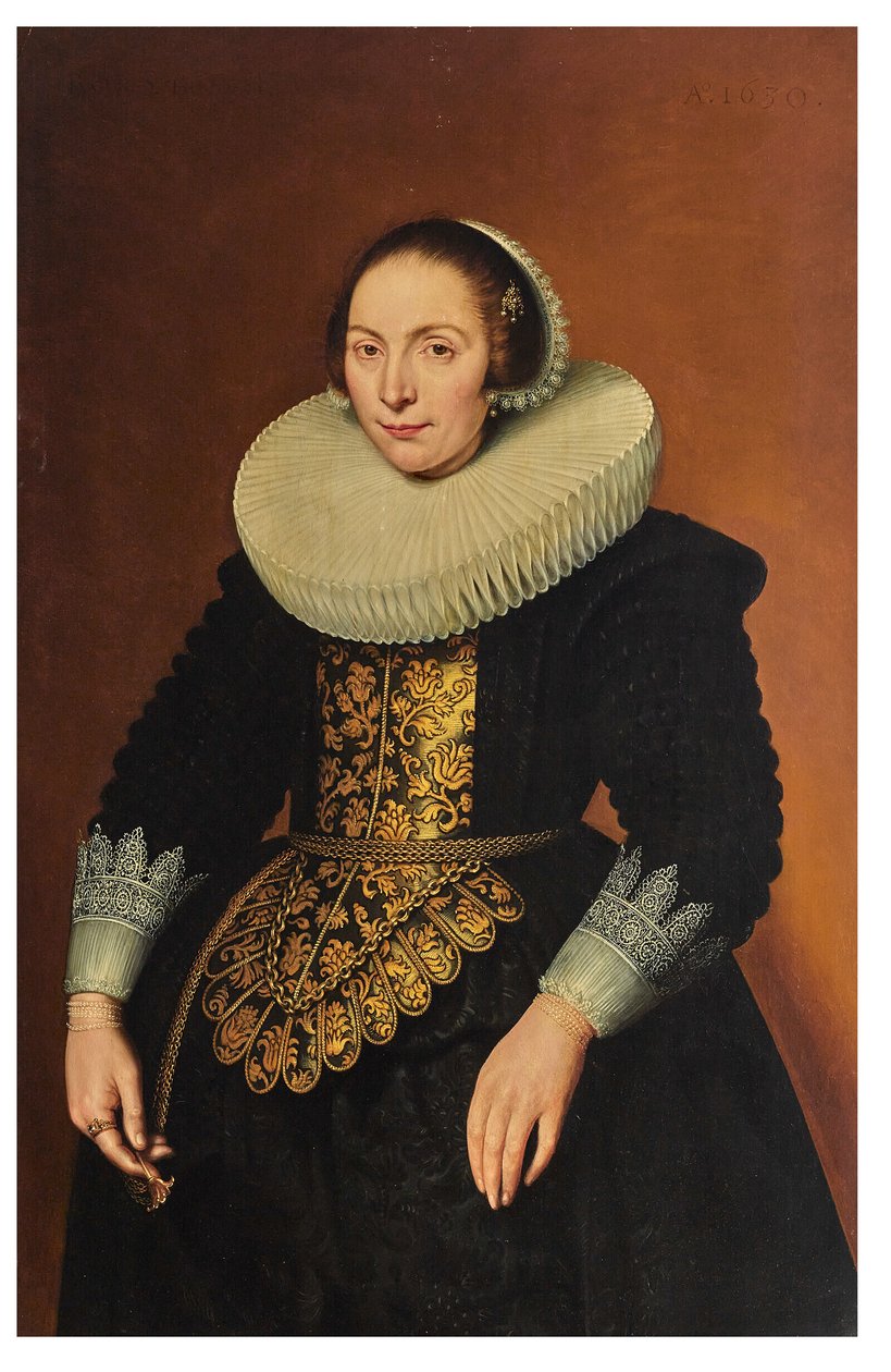 Retrato de uma senhora, a três quartos de comprimento, segurando a sua cinta de Bartholomeaus Sarburgh