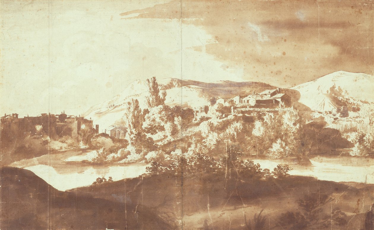 Vila italiana em um rio, c.1627 (caneta e tinta com lavagem sobre grafite no papel) de Bartholomeus Breenbergh