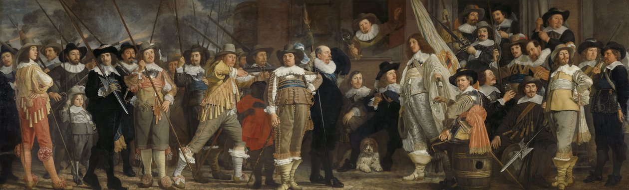 Len, oficiais e outros membros da milícia do distrito VIII em Amsterdã liderados pelo capitão Roelof Bicker e o tenente Jan Michielsz. Blaeuw de Bartholomeus van der Helst