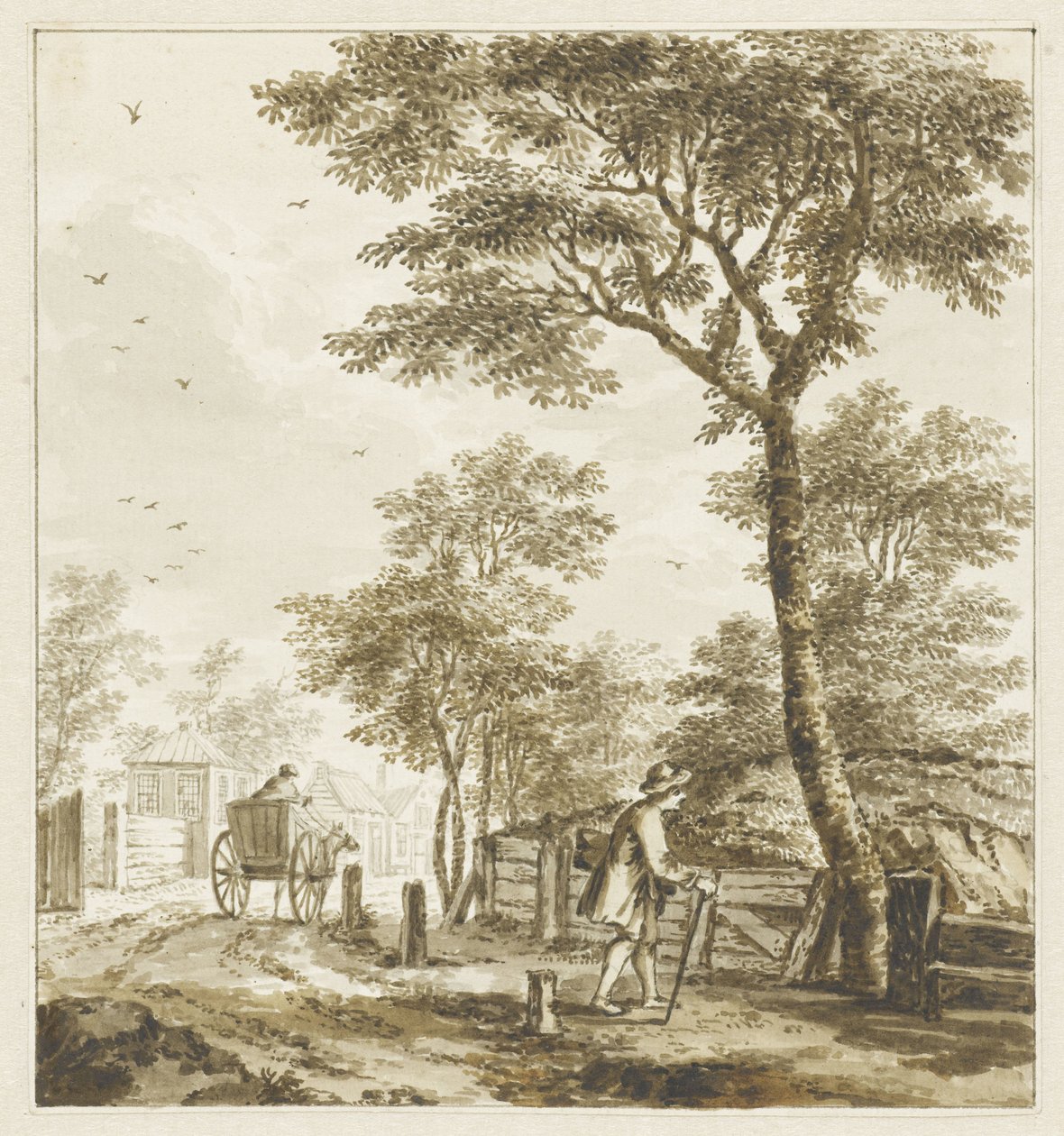 Paisagem com figuras e um cavalo e carruagem de Bartholomeus Barbiers