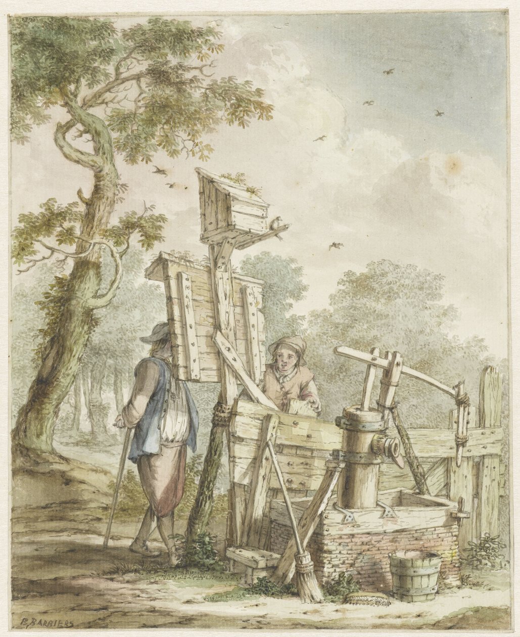 Paisagem com dois homens em um outdoor por uma bomba de água de Bartholomeus Barbiers