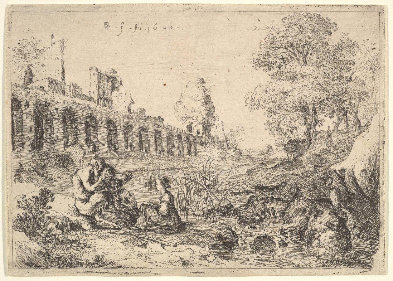 Córsega sentada diante de sátiros na margem de um rio, de um par de placas para Battista Gu ..., 1640. de Bartholomeus Breenbergh