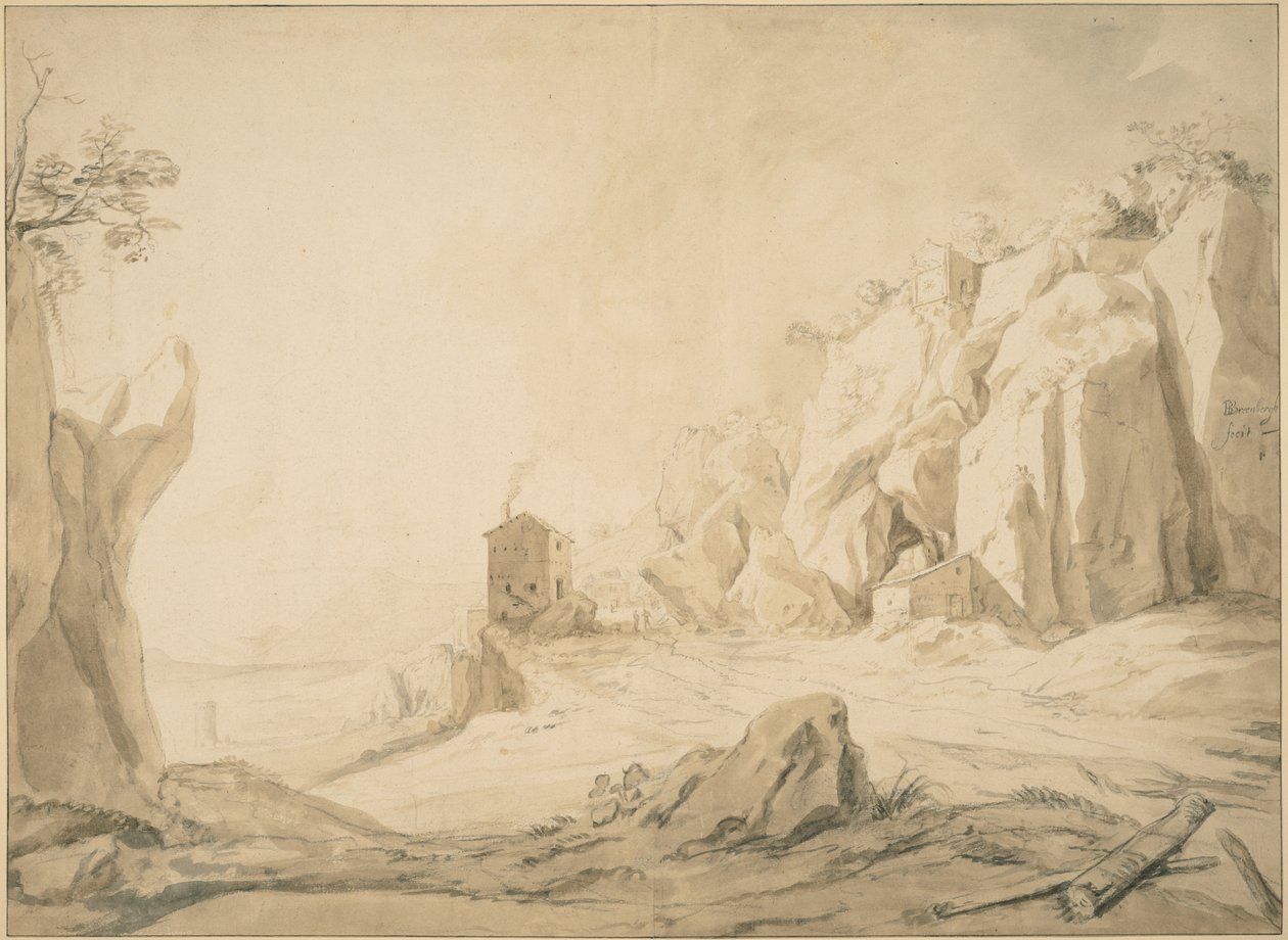 Paisagem com uma estrada abaixo de penhascos perto de Bracciano de Bartholomeus Breenbergh