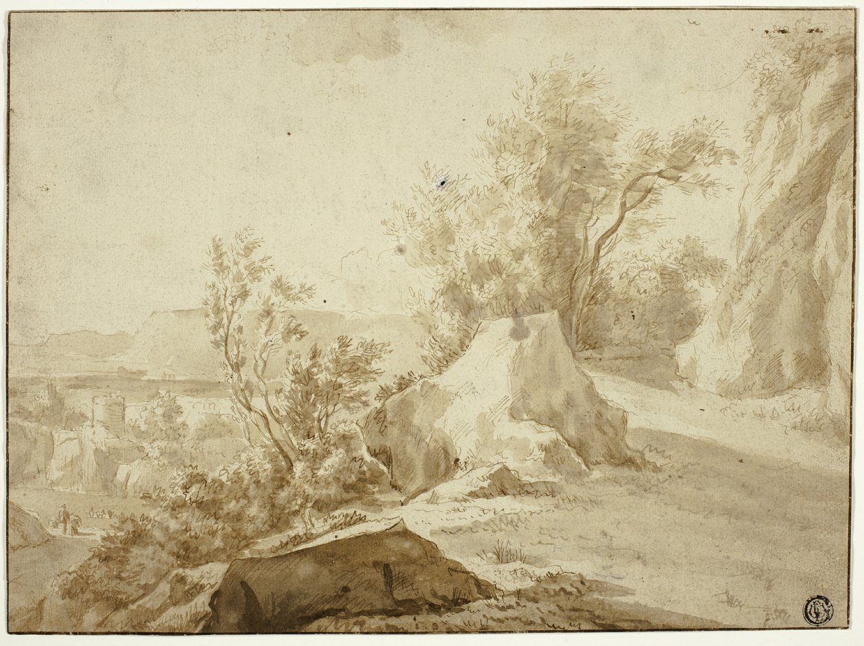 Rochas e caminho de montanha, figuras e cidade abaixo de Bartholomeus Breenbergh