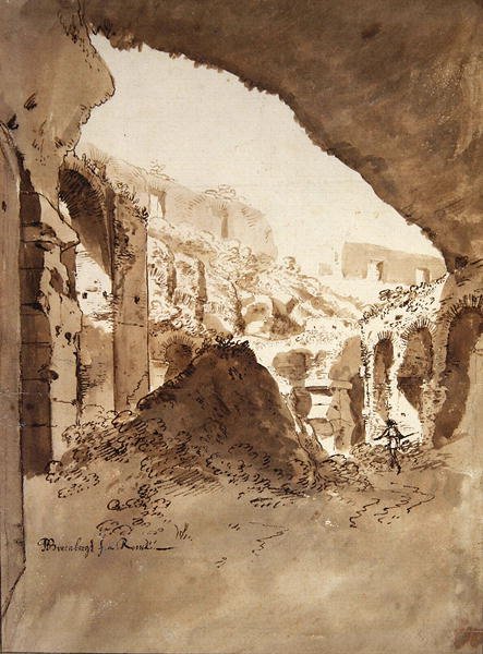 Vista dentro do Coliseu (giz negro, caneta e marrom lavagem em papel) de Bartholomeus Breenbergh