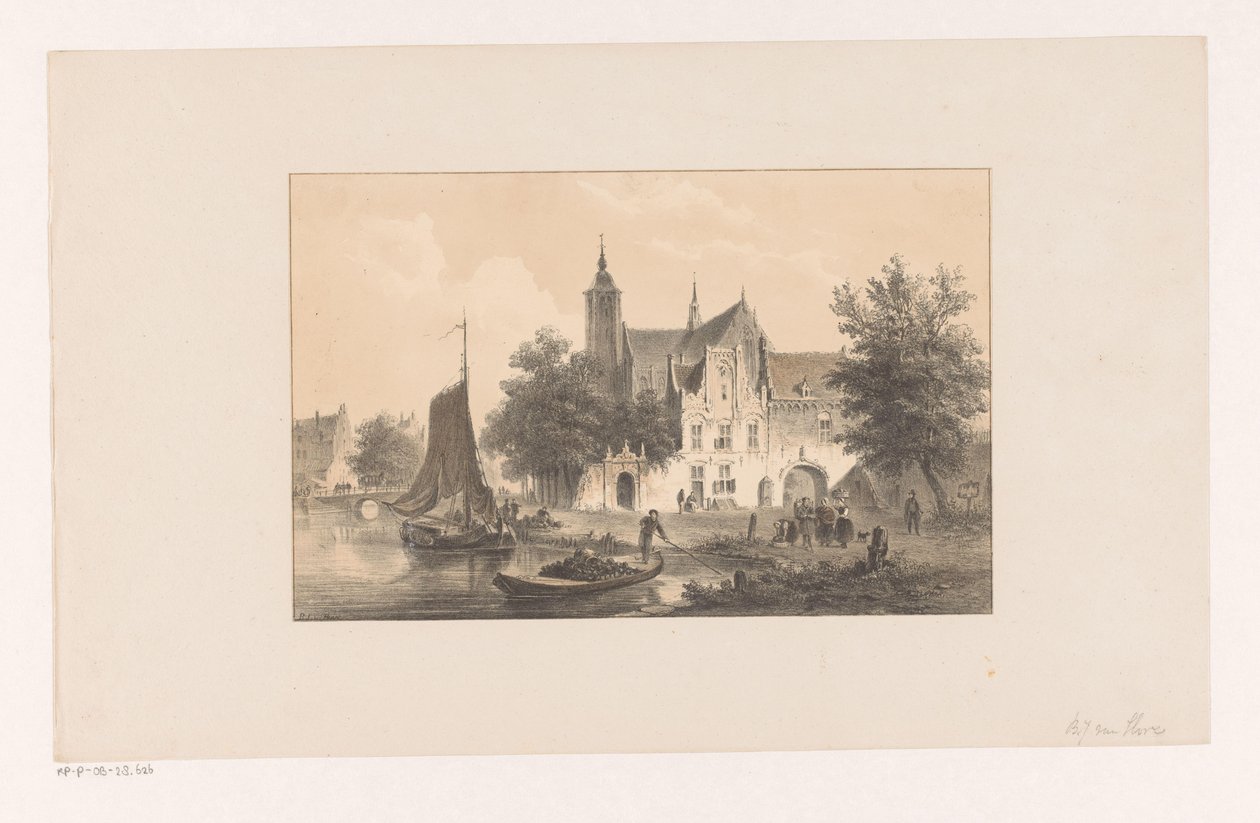 Arquitetura da cidade com rio e igreja de Bartholomeus Johannes van Hove