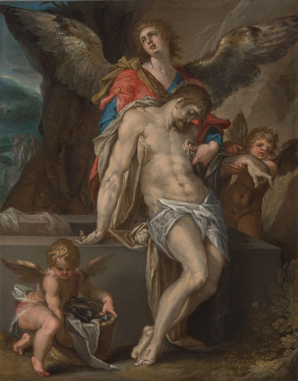 Anjos carregam o corpo de Cristo (Angel Pietà) de Bartholomeus Spranger