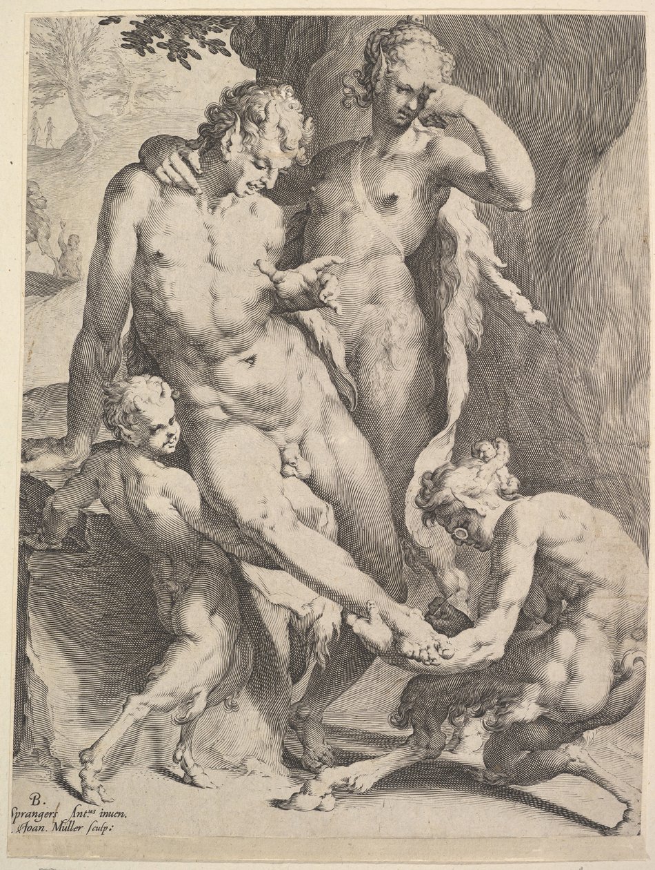 Oreads removendo um espinho do pé de um sátiro, 1590 de Bartholomeus Spranger