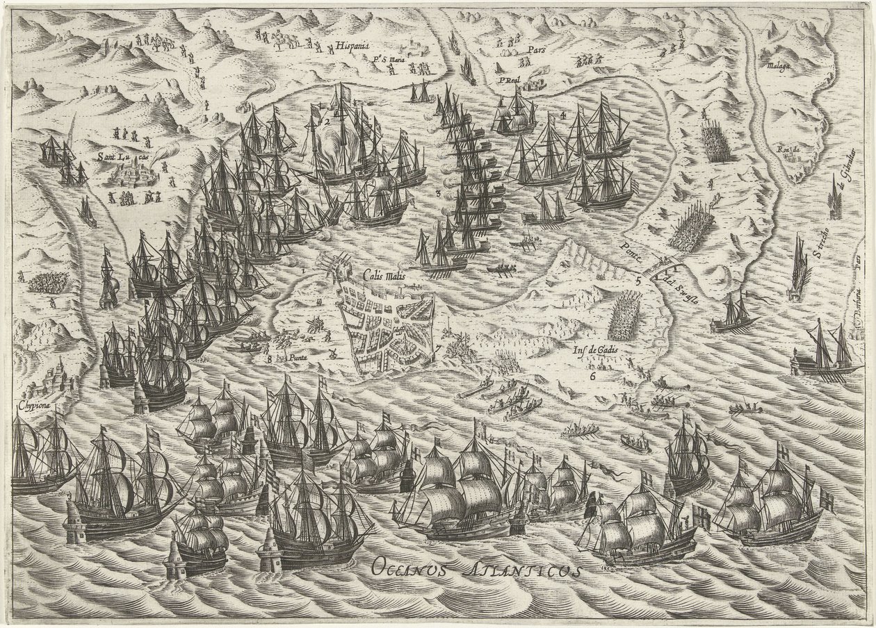 Batalha Naval ao largo de Cádis, 1596 de Bartholomeus Willemsz. Dolendo (attributed to)