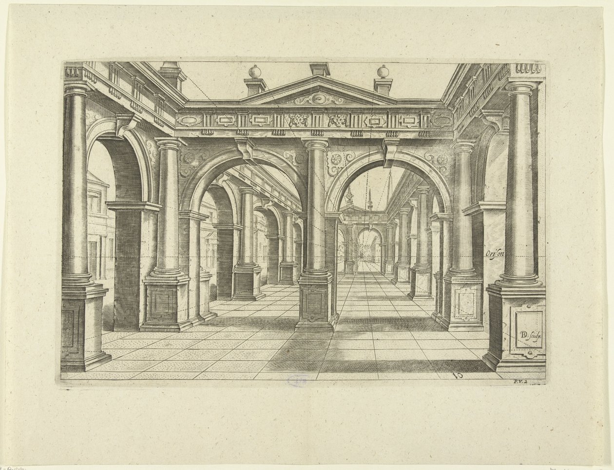 Edifício com arco duplo no meio em estilo dórico Perspectiva, parte 2 (título da série) de Bartholomeus Willemsz. Dolendo