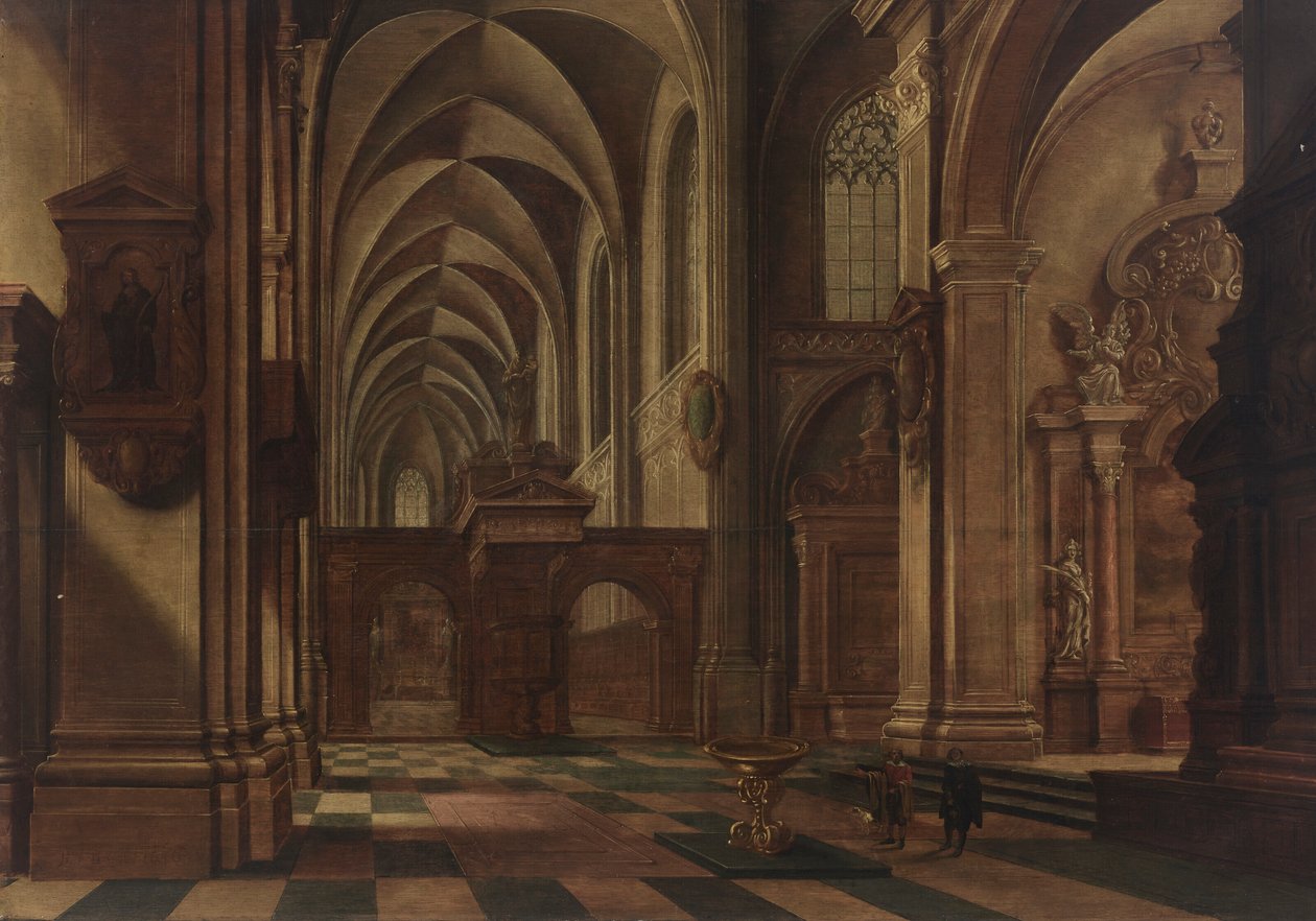 Interior de uma igreja católica, com figuras e um cão junto a uma pia batismal em primeiro plano de Bartholomeus van Bassen
