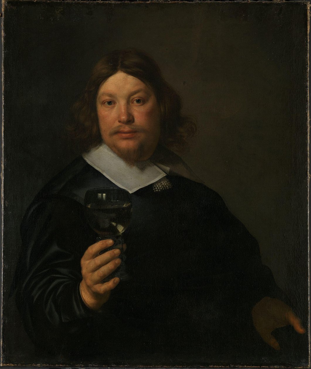 Norueguês Bokmål:  Mann med rhinskvinglass Homem com um copo de vinho de Bartholomeus van der Helst