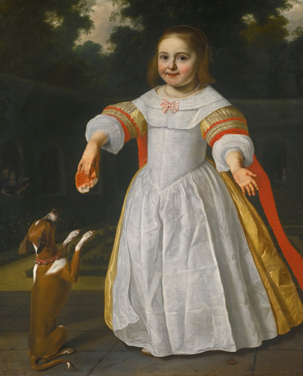 Retrato de uma rapariga com um pãozinho e um cão de Bartholomeus van der Helst