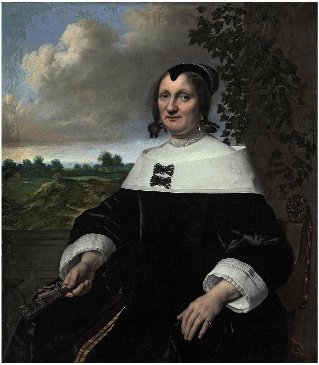 Retrato de uma senhora, provavelmente Hester du Pire, sentada diante de uma balaustrada, segurando um leque, com vista para o mar de Bartholomeus van der Helst