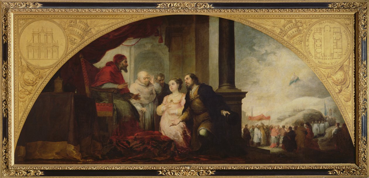 A história da fundação de Santa Maria Maggiore em Roma: o patrício revela seu sonho ao papa, c.1662-65 de Bartolomé Esteban Murillo
