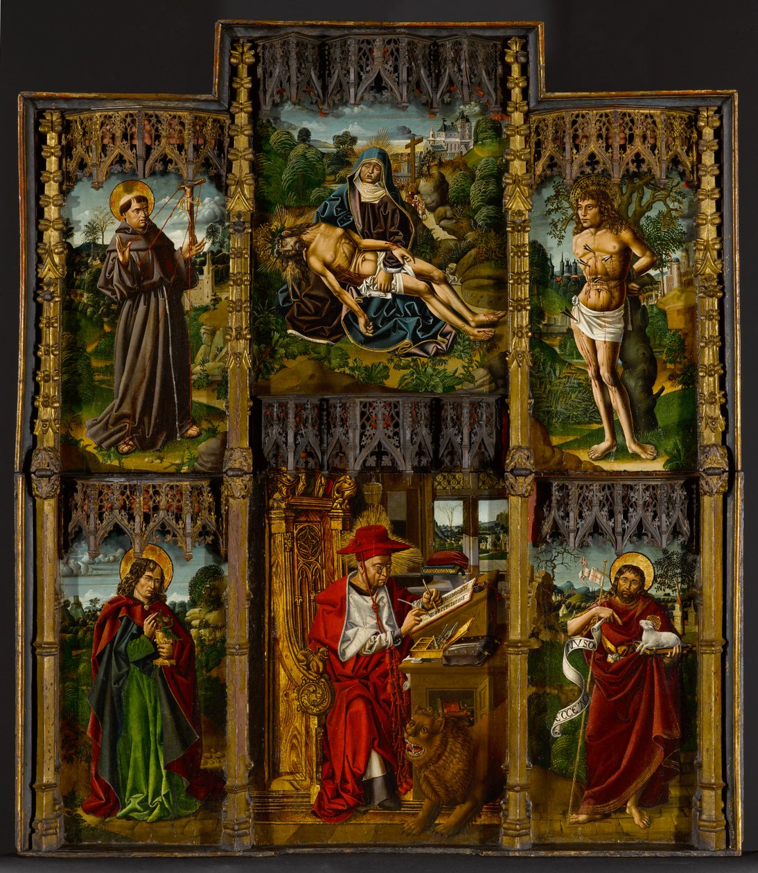 Retábulo Portátil: Pietà, São Francisco, Sebastian, João Evangelista, Jerônimo e João Batista, c.1500 de Bartolomé Bermejo