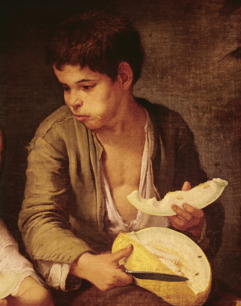 Detalhe de duas crianças comendo um melão e uvas, 1645-46 óleo sobre tela, ver 161023 de Bartolomé Esteban Murillo