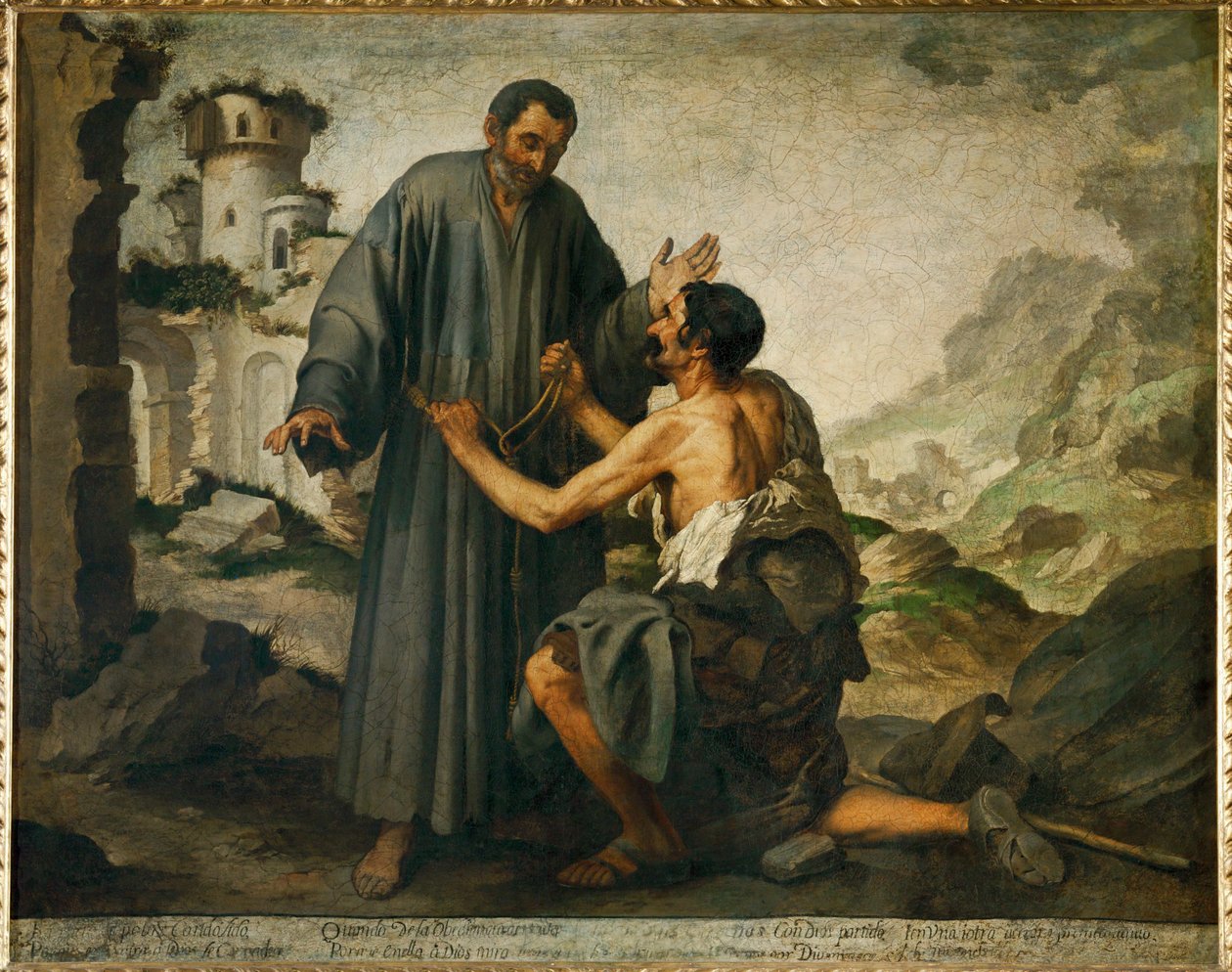 O Irmão Junípero e o pobre homem - ... de Bartolome Esteban (school of) Murillo