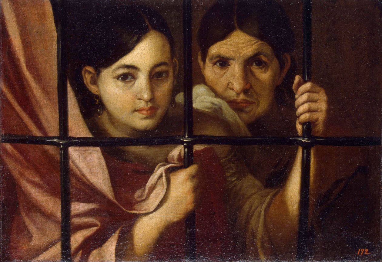 Duas mulheres atrás de uma grelha - Pintura de Bartolome Esteban Murillo (1617-1682), óleo sobre tela de Bartolomé Esteban Murillo