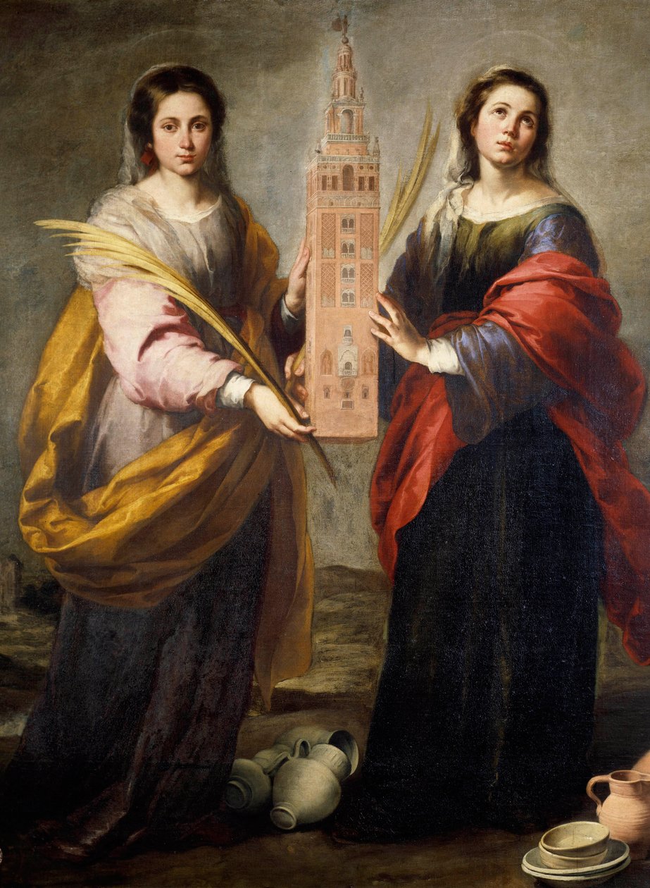 Santos Juste e Rufine (ou Ruffine) Patronas da cidade de Sevilha, levam a Giralda, o antigo minarete da Grande Mesquita que se tornou da torre sineira da Catedral de Sevilha - Pintura de Bartolome Murillo (1618-1682) por volta de 166 de Bartolomé Esteban Murillo