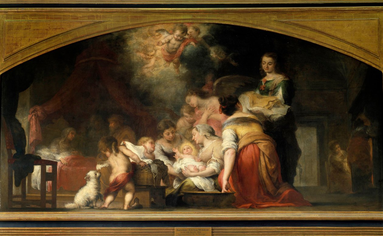 O nascimento da Virgem Maria dá à luz Maria. Pintura de Bartolome Murillo (1618-1682) 1661 Sol. 1,79x3,49 m Paris, Musee du Louvre de Bartolomé Esteban Murillo