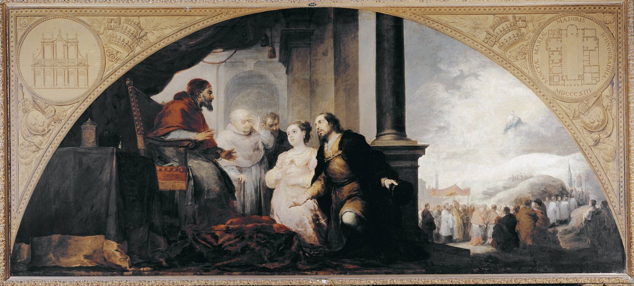 A fundação de Santa Maria Maggiore (Basílica de Santa Maria Maggiore). Patriciano João e sua esposa revelaram ao Papa Libério de Roma (papa de 352-366) acompanhados por dois eclesiásticos o seu sonho. Pintura de Bartolome Esteban Murillo (1617-1682 de Bartolomé Esteban Murillo