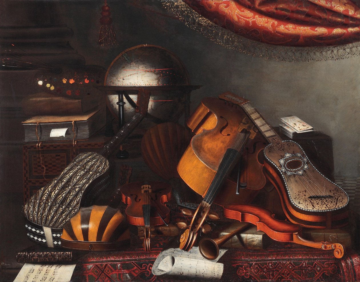 Instrumentos musicais, um globo, livros, cartas de jogar e uma paleta de pintores de Bartolomeo Bettera
