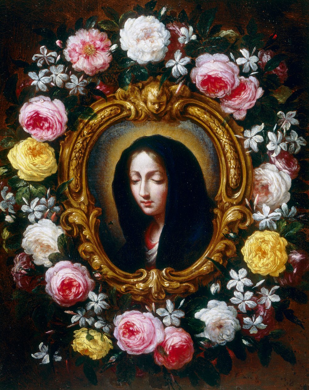 Madonna em uma guirlanda de rosas e jasmim de Bartolomeo Bimbi