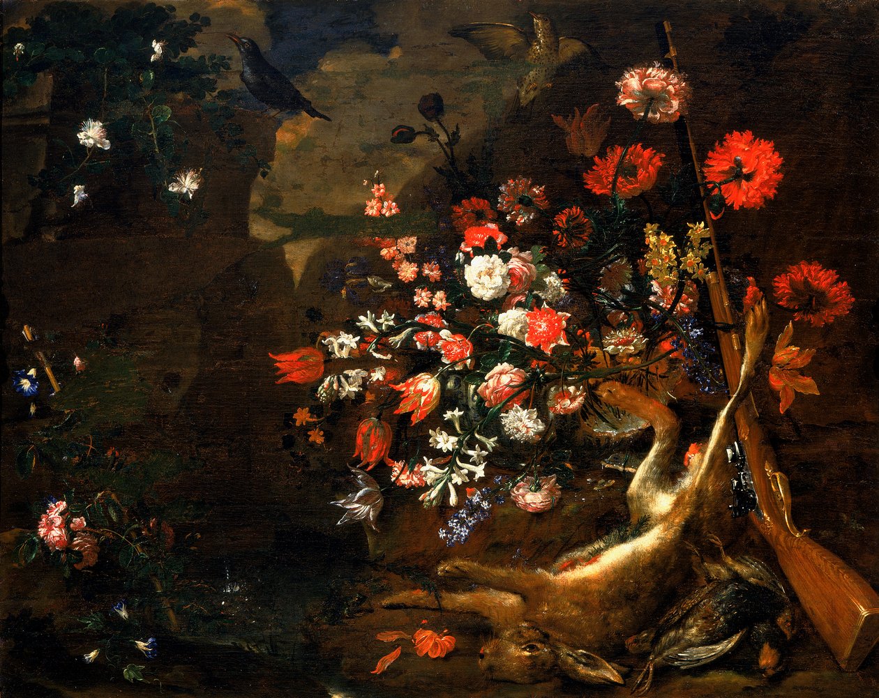 Ainda vida com flores e jogo de Bartolomeo Bimbi