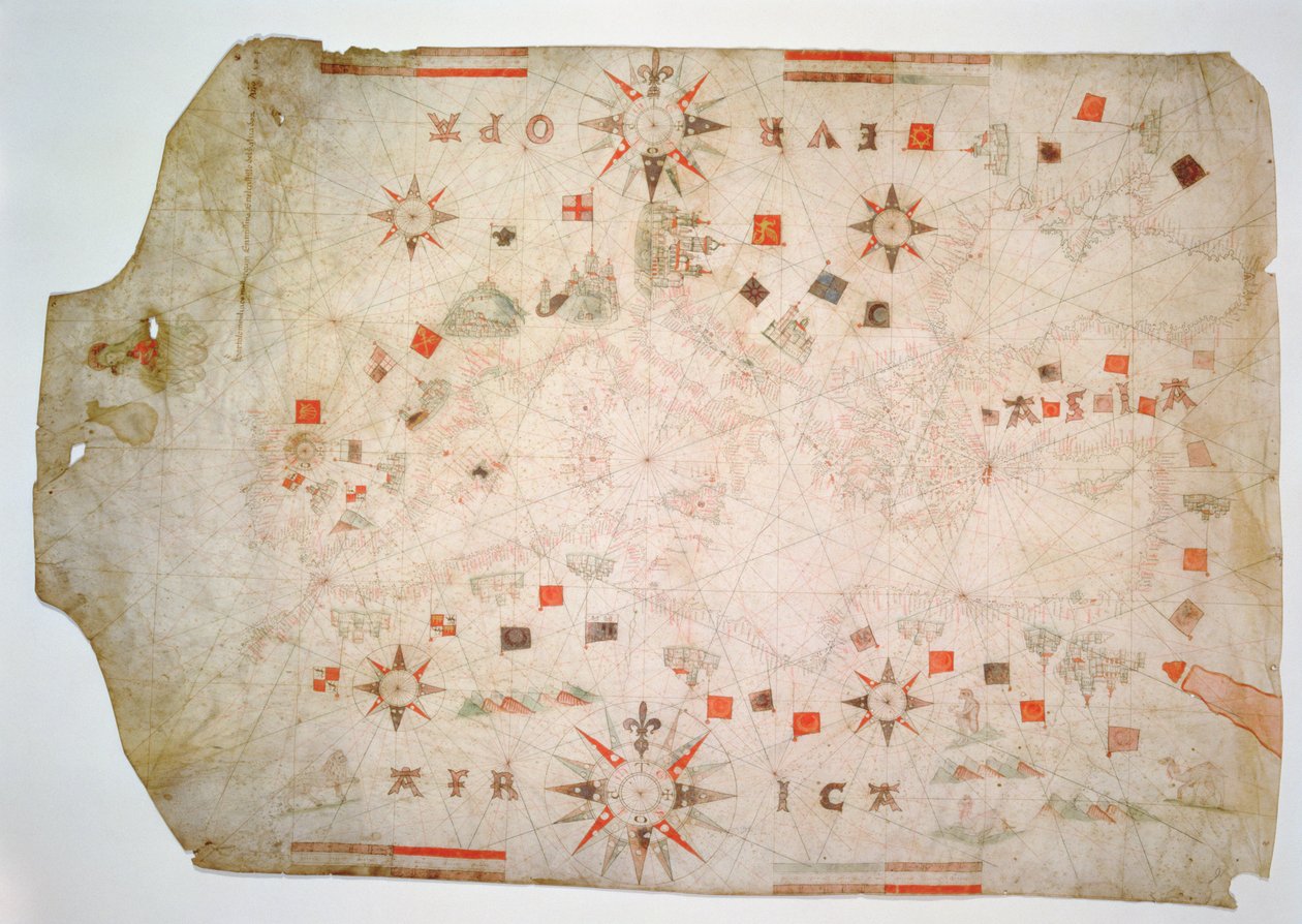 Mapa Náutico em miniatura do Mediterrâneo, 1584 (pergaminho) de Bartolomeo Olives