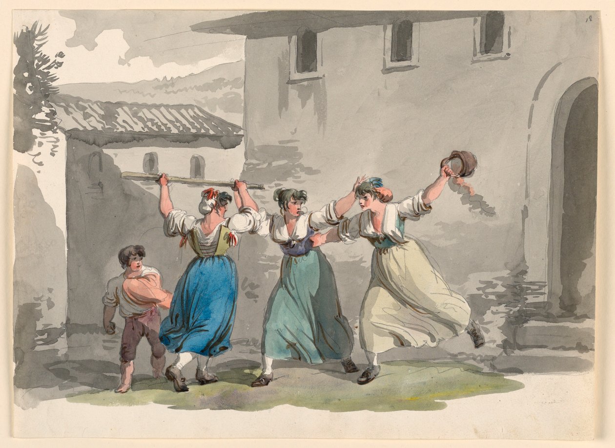 Desenho, luta de mulheres em Roma de Bartolomeo Pinelli