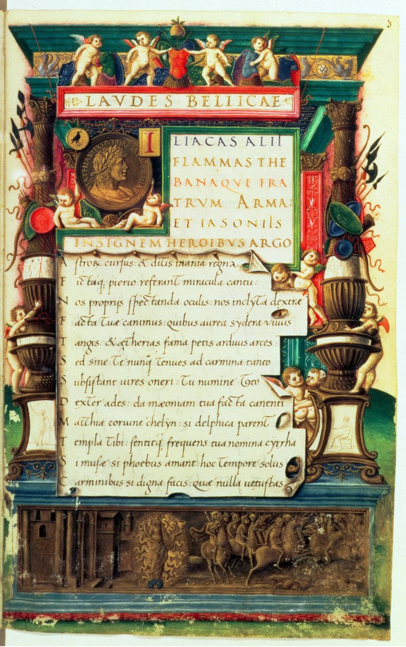 Ms 85.IIAug.2, manuscrito apresentação f.3r para Matthias Corvinus de glória militar e Alexander Cortés, Roma, c.1480-90 de Bartolomeo Sanvito