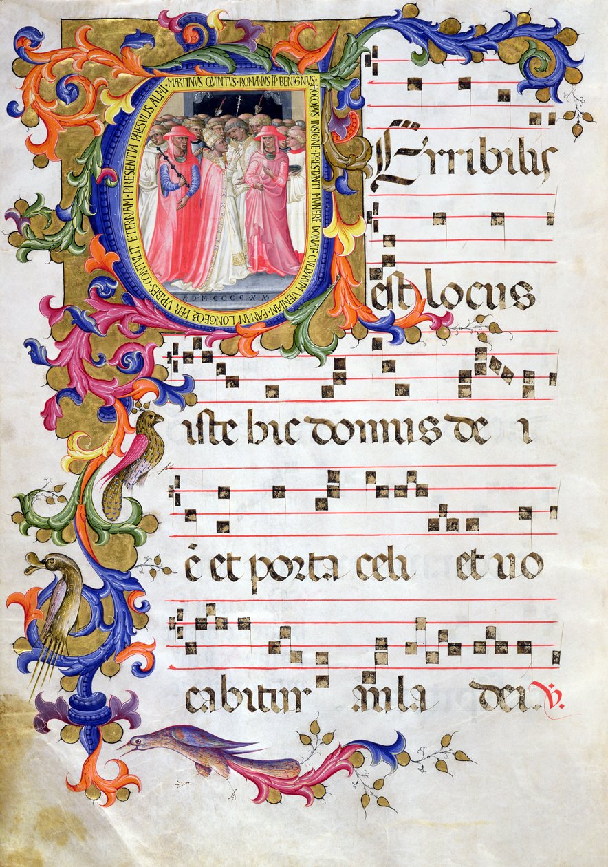 Ms 557 f.61v Página com a inicial &39;U&39; historiada representando o Papa Martinho V (1368-1431) consagrando a Igreja de Sant&39;Egidio, de uma antífona de San Marco e Cenacoli, 1420 (para detalhes ver 7 de Bartolomeo di Frusino