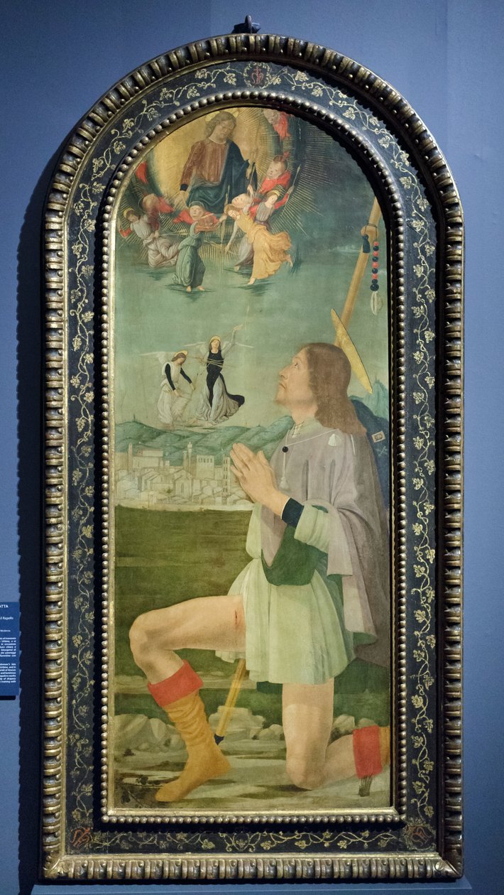 São Roque afasta a peste de Arezzo, c.1479-80 (têmpera sobre painel) de Bartolomeo (attr. to) Della Gatta