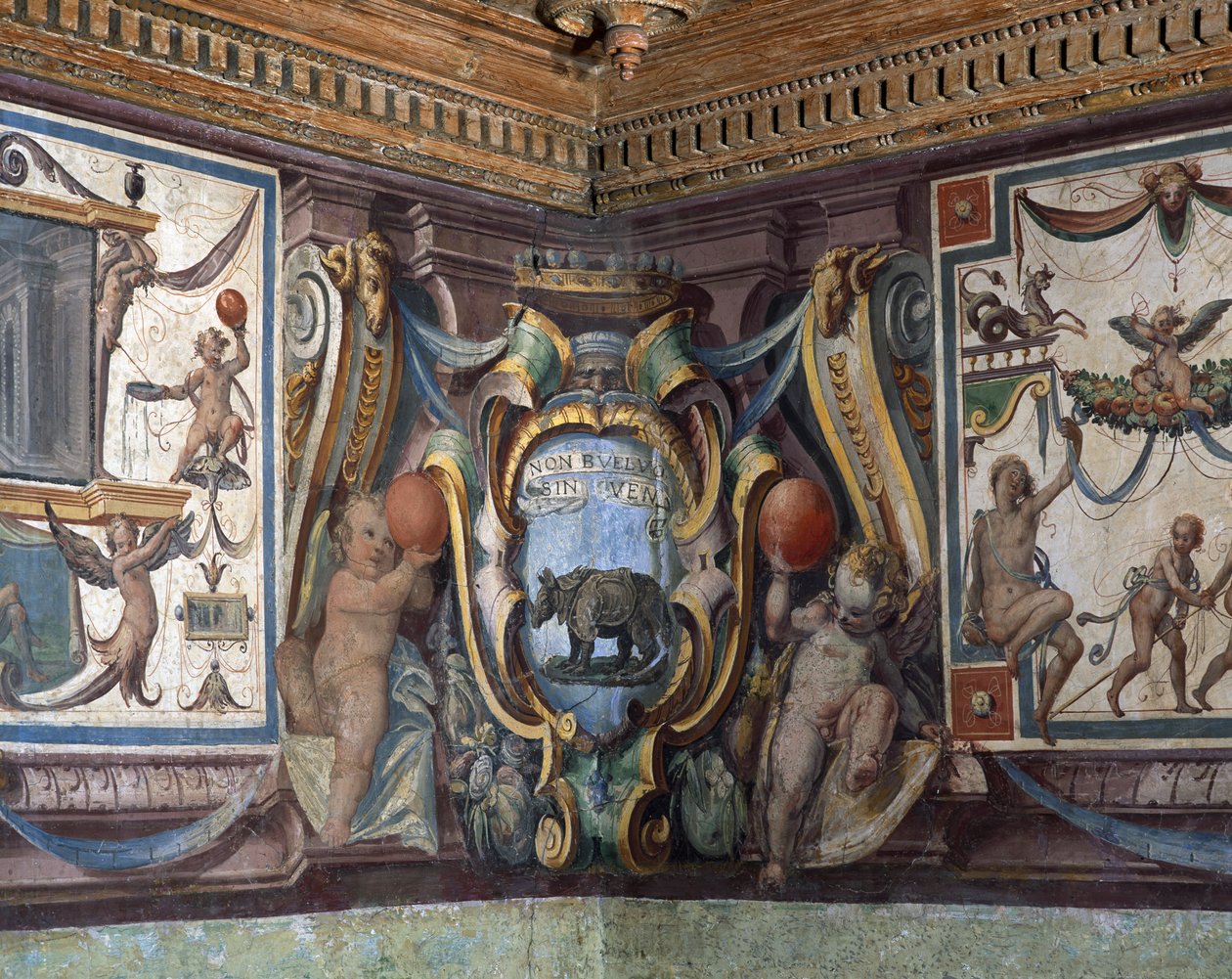 A Sala do Granduca di Toscana Hall do Grão-Duque da Toscana detalhe do friso representando os signos do zodíaco, o rinoceronte, 1564-75 afresco de Bartolomeo Ammannati