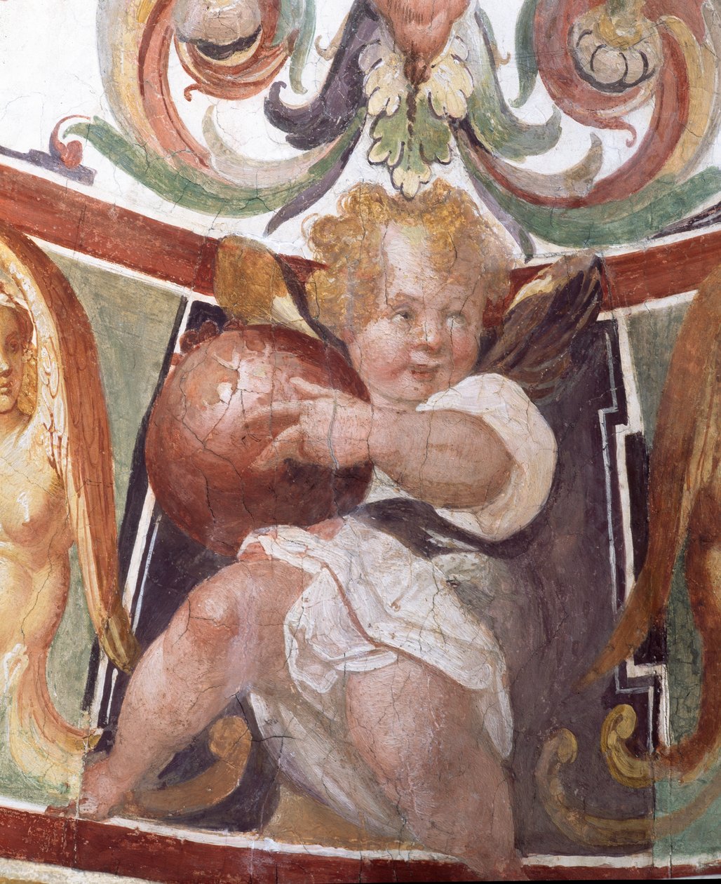 O estudo Studiolo de Francesco deMedici 1541-87 detalhe de decoração retratando um putto segurando um globo, 1564-75 afresco de Bartolomeo Ammannati
