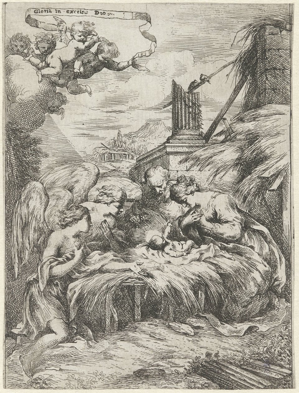 Adoração de Maria, José e Anjos de Bartolomeo Biscaino