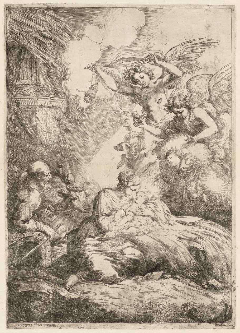 A Sagrada Família Adorada pelos Anjos A Grande Natividade, c. 1655. de Bartolomeo Biscaino