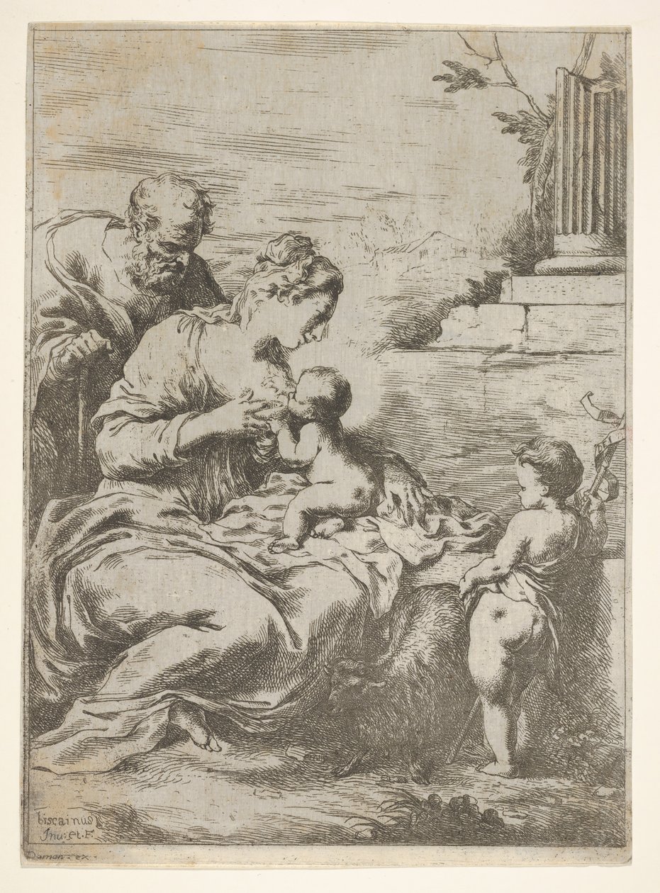 A Sagrada Família com o bebê São João Batista à direita, 1650-57. de Bartolomeo Biscaino