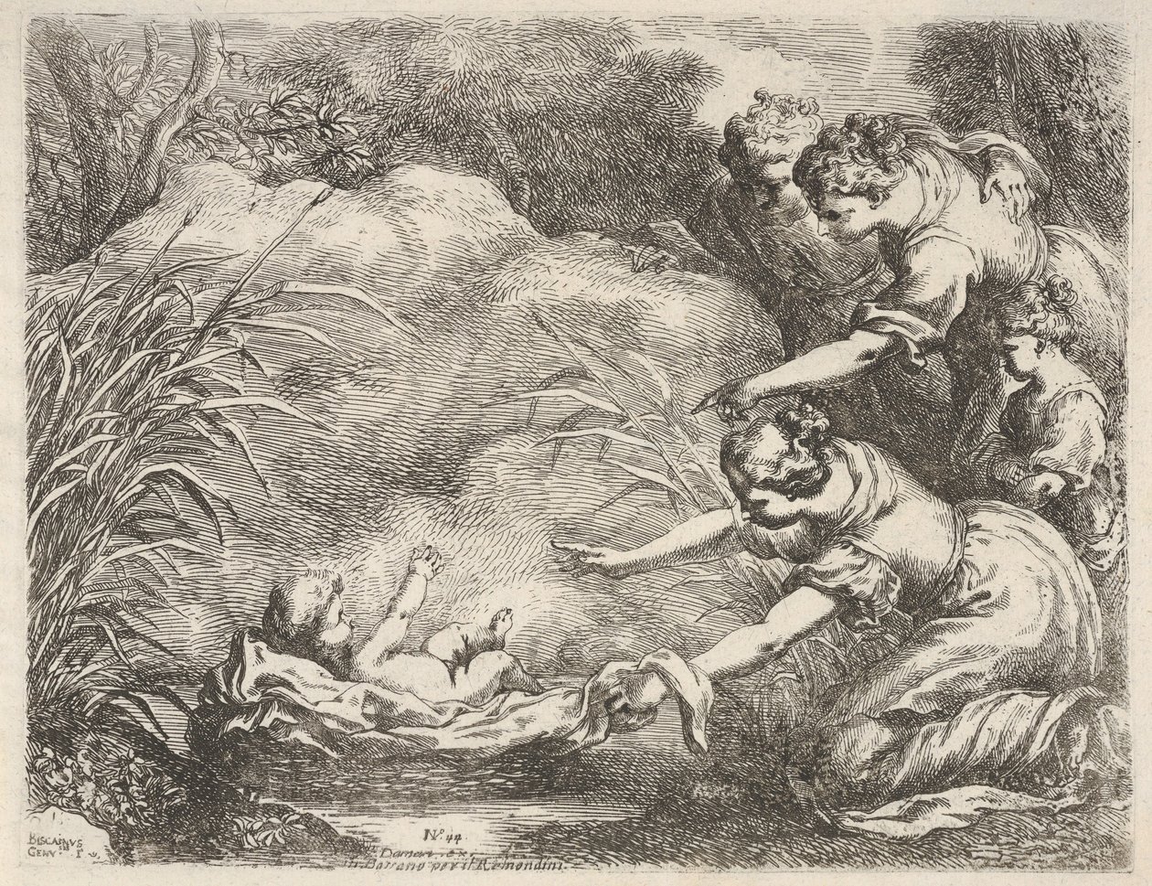 A descoberta de Moisés, resgatada do Nilo pelas servas dos faraós, começou em 1650-57. de Bartolomeo Biscaino