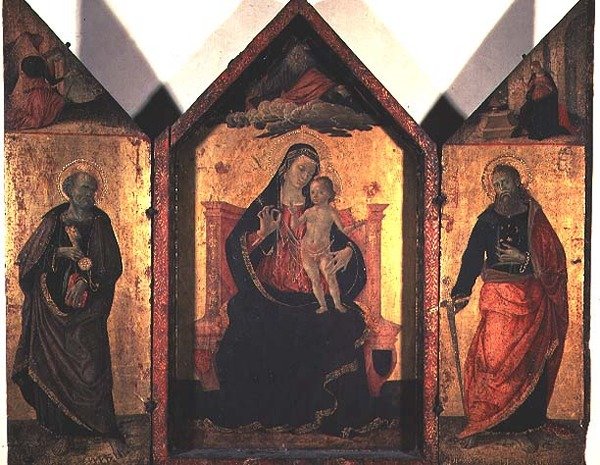 Madonna e Criança com São João Batista e o Apóstolo Pedro (tempera e folha de ouro no painel) de Bartolomeo Caporali