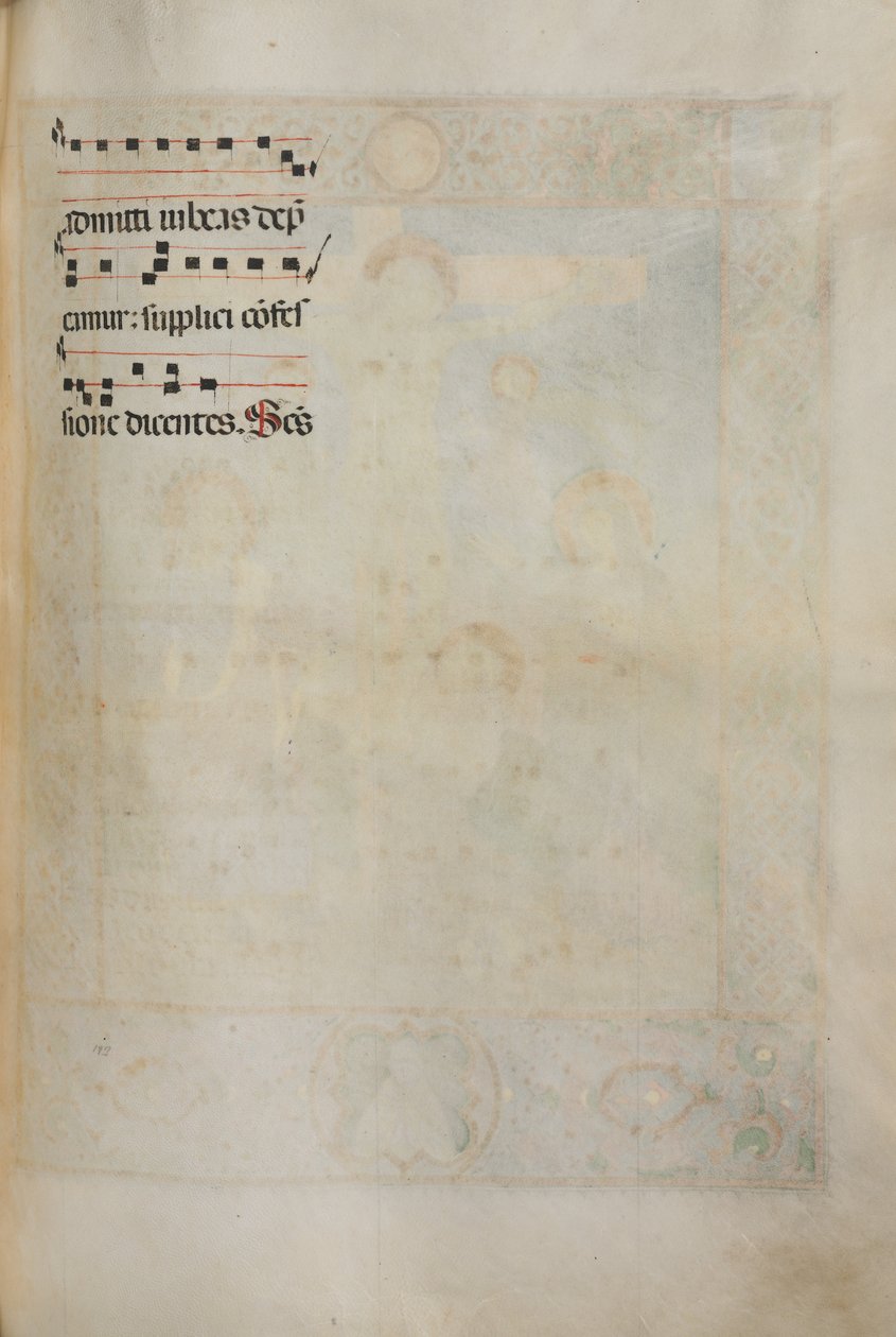Missale: Fol. 185: Cruz, folhagem e música para várias orações comuns, 1469. de Bartolomeo Caporali
