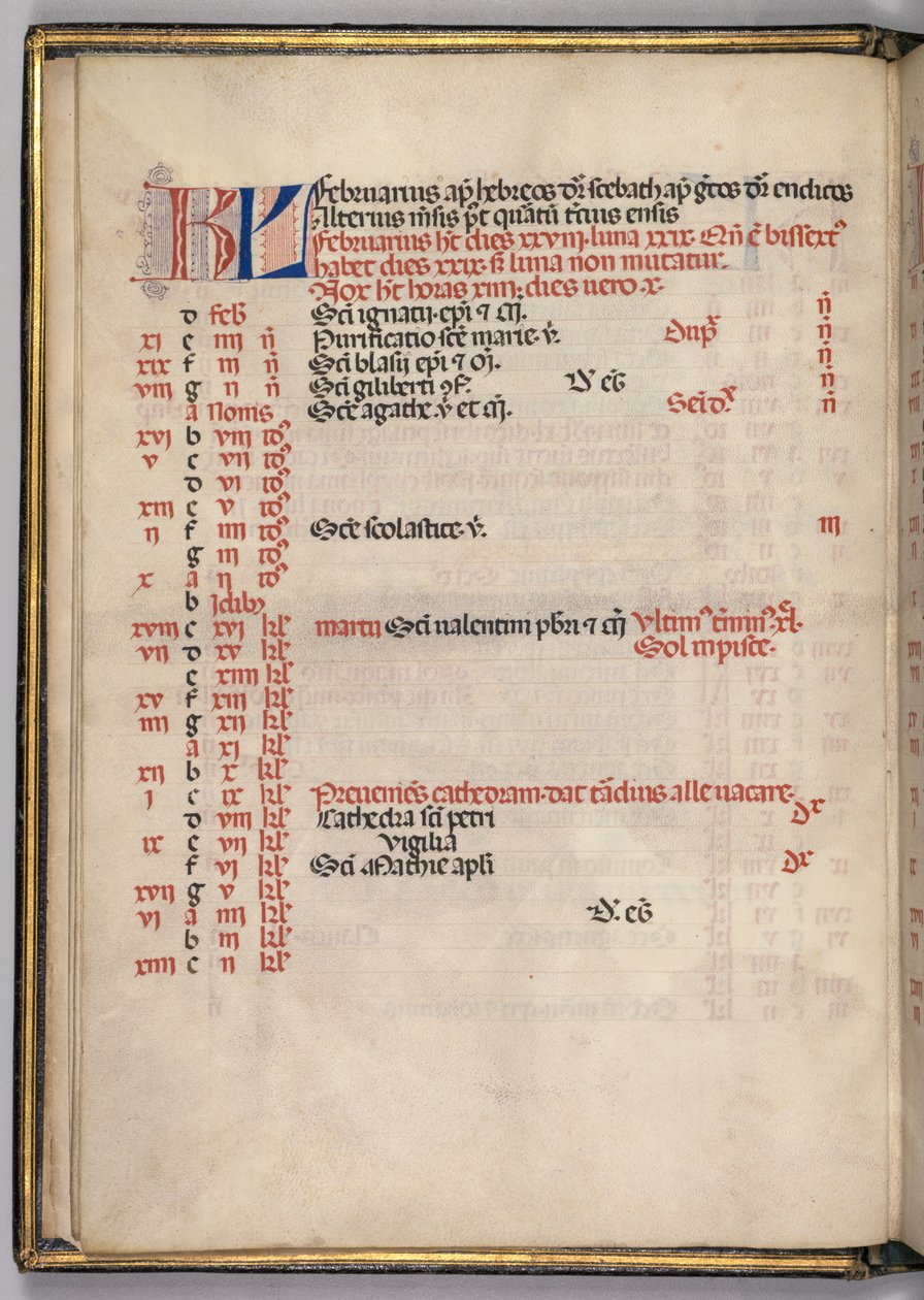 Missale: Fol. 3v: página do calendário de fevereiro, 1469. de Bartolomeo Caporali