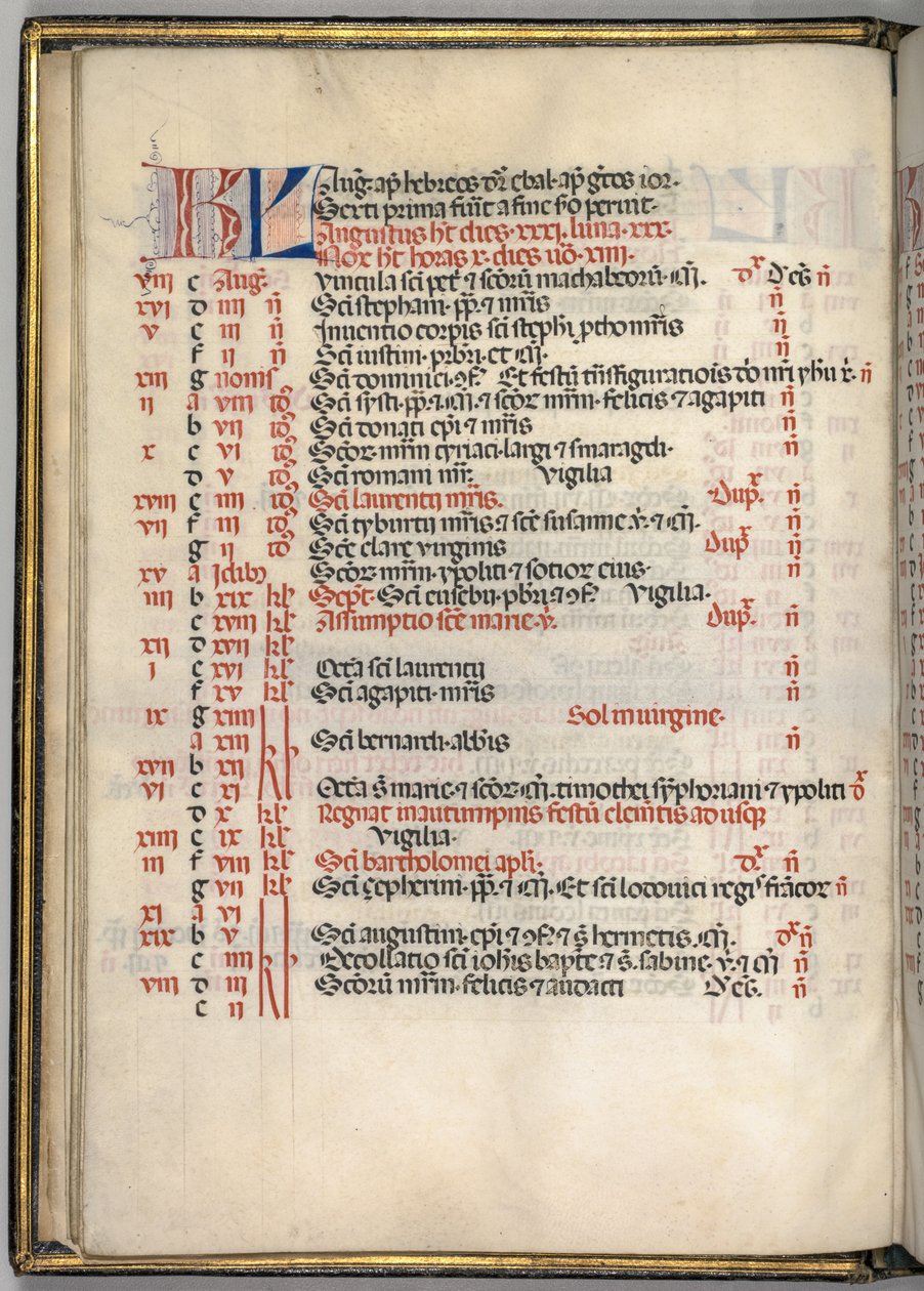 Missale: Fol. 6v: página do calendário de agosto, 1469. de Bartolomeo Caporali