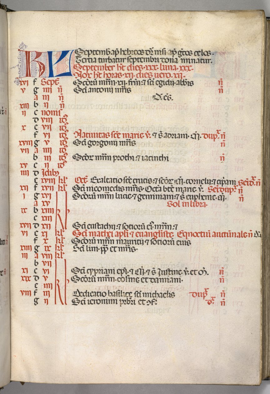 Missale: Fol. 7r: Página do calendário de setembro, 1469. de Bartolomeo Caporali